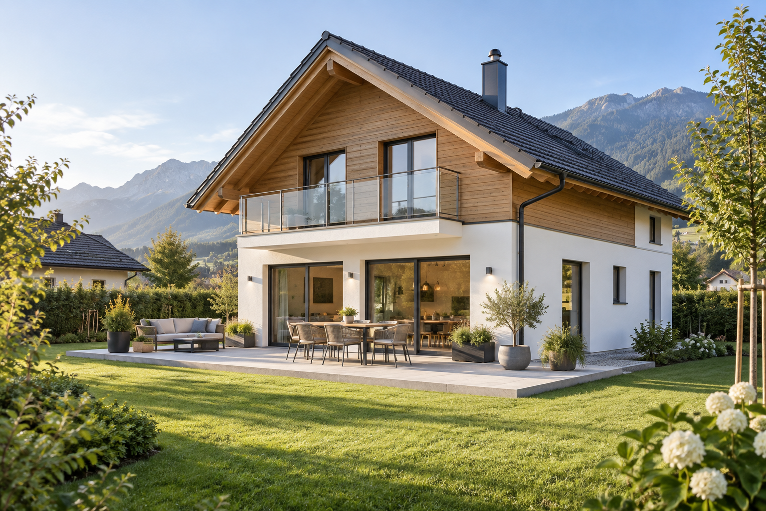 Vollständig sichtbares helles Haus mit Holzfassade, Terrasse und Garten